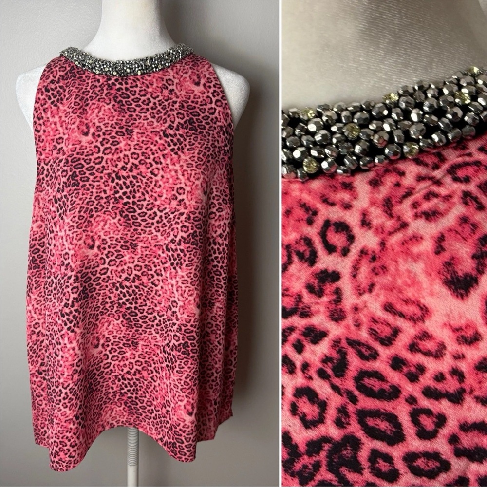 Jennifer Lopez Sleeveless Blouse Size Large Top Jeweled Neckline Black Pink